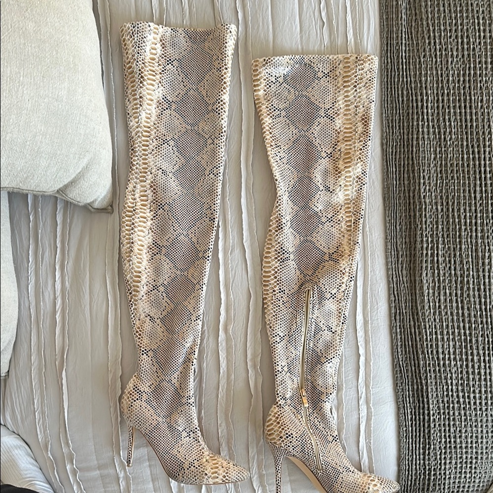 Snakeskin Thigh High Beige Boots